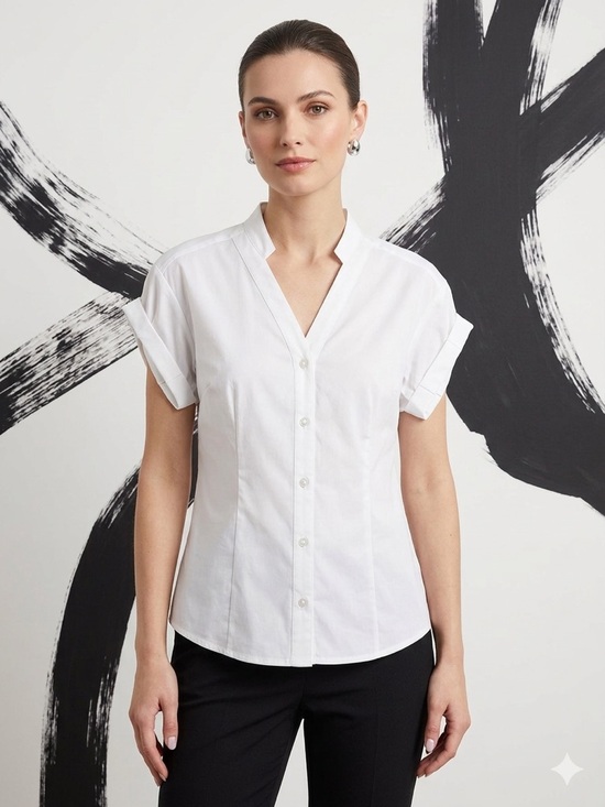 Finley Tops - Finley White Short-Sleeve Button Down V-Neck Shirt